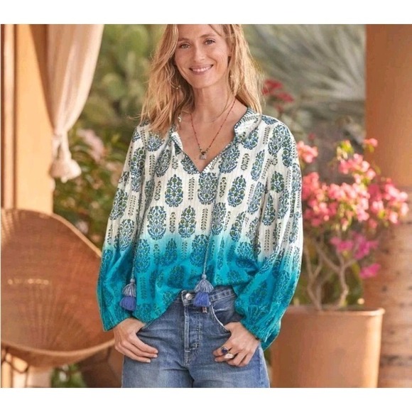 Sundance Olivia Ombre Top Size Large Blue White Peasant Tassels V Neck Floral - Picture 2 of 11